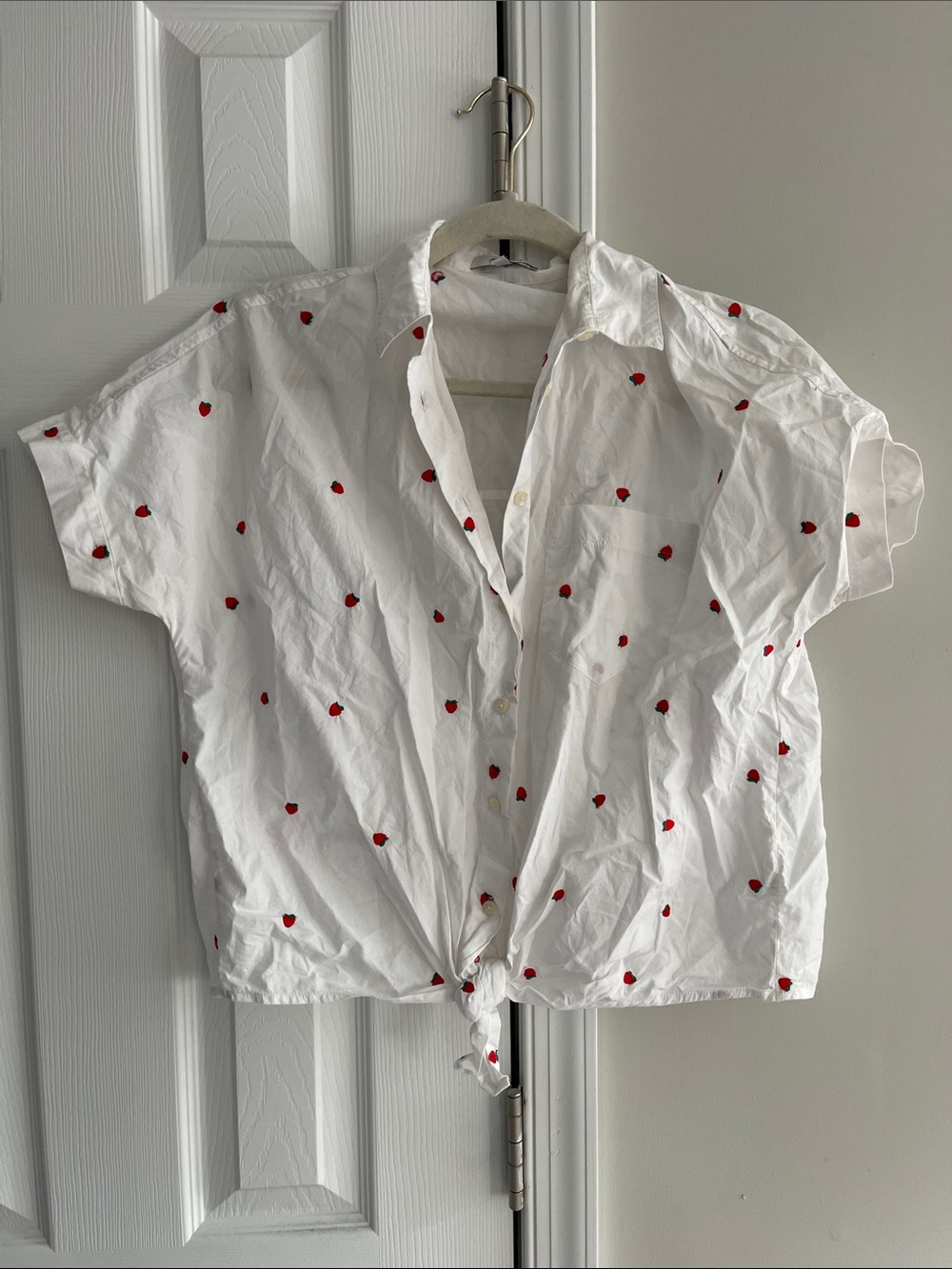 Madewell White Button-Front Shirt with Red strawberries tie